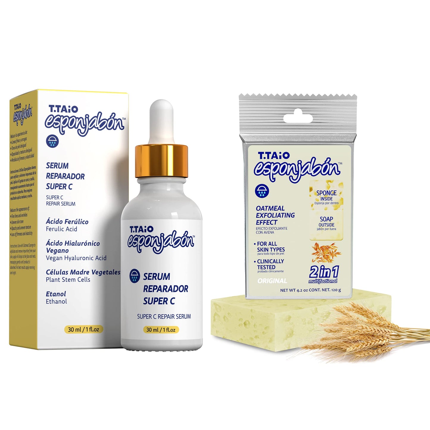 T.Taio Esponjabon Oatmeal Soap Sponge with T.Taio Super C Repair Serum Bundle - Beauty & Personal Care Products - Face Exfoliator and Body Exfoliator - Natural Soap & Shower Sponge, Bath Sponge