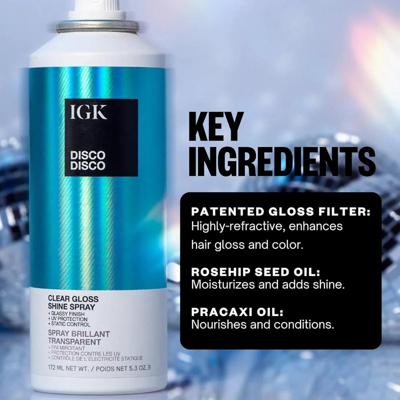 IGK Disco Disco Clear Gloss Shine Spray - High-Shine Finishing Spray with UV Protection | Vegan & Cruelty-Free