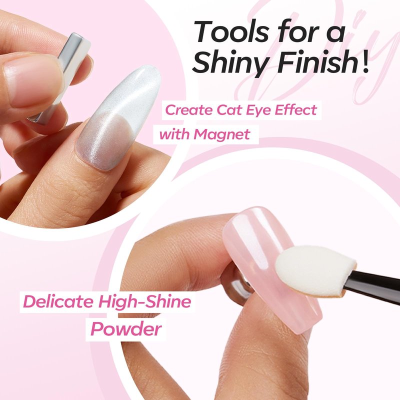 modelones Silver Cat Eye Gel Nail Polish Kit Jelly Pink White Sheer Nude French Gel Polish Set, Magnet Tools Pearl Chrome Powder Flatback Rhinestones Pearls, 4 Colors Gel Mini Salon Gift for Women