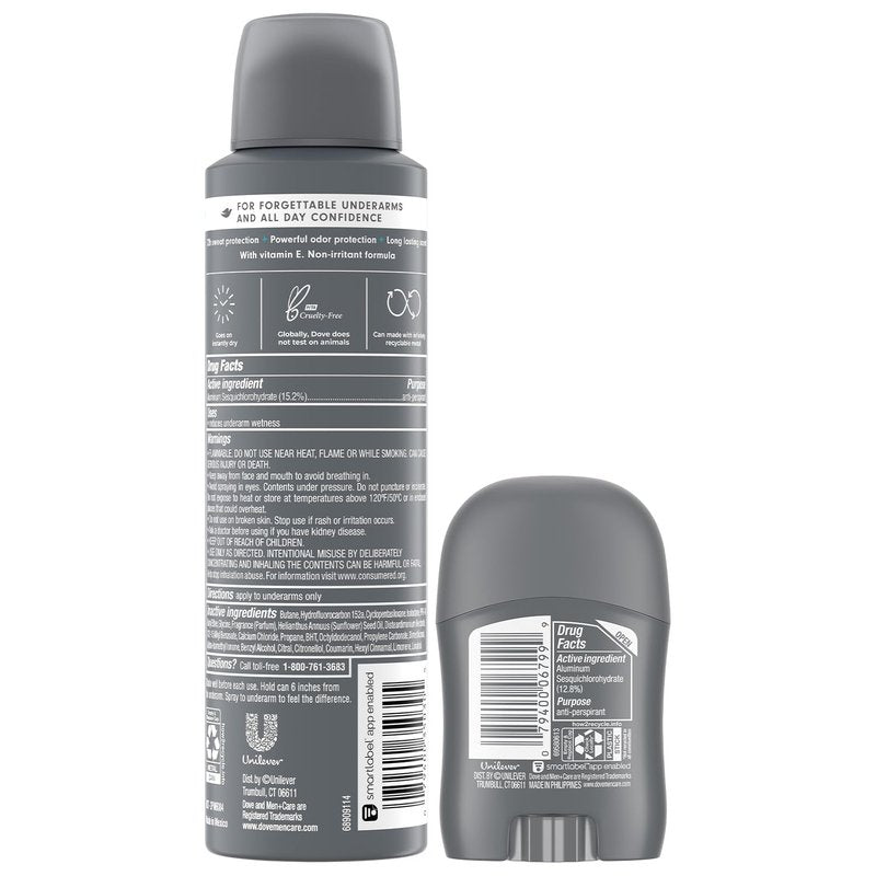 Dove Men+Care Dry Spray Antiperspirant for Men 4-Pack (3.8 Oz Ea) + Travel Deodorant Stick (0.5 Oz) – 72H Protection, Long-Lasting Clean Comfort Fragrance