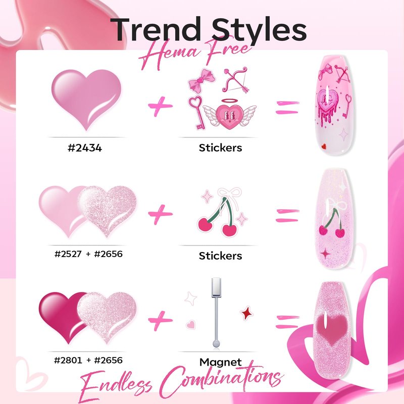 modelones Pink Gel Polish Set, Hema Free Light Pink Cat Eye Gel Polish Jelly Glitter Nude Hot Pink Pastel Nail Polish 6 Colors 2026 Spring Easter LED Nail Art DIY Gift with Magnet&Love-heart Stickers