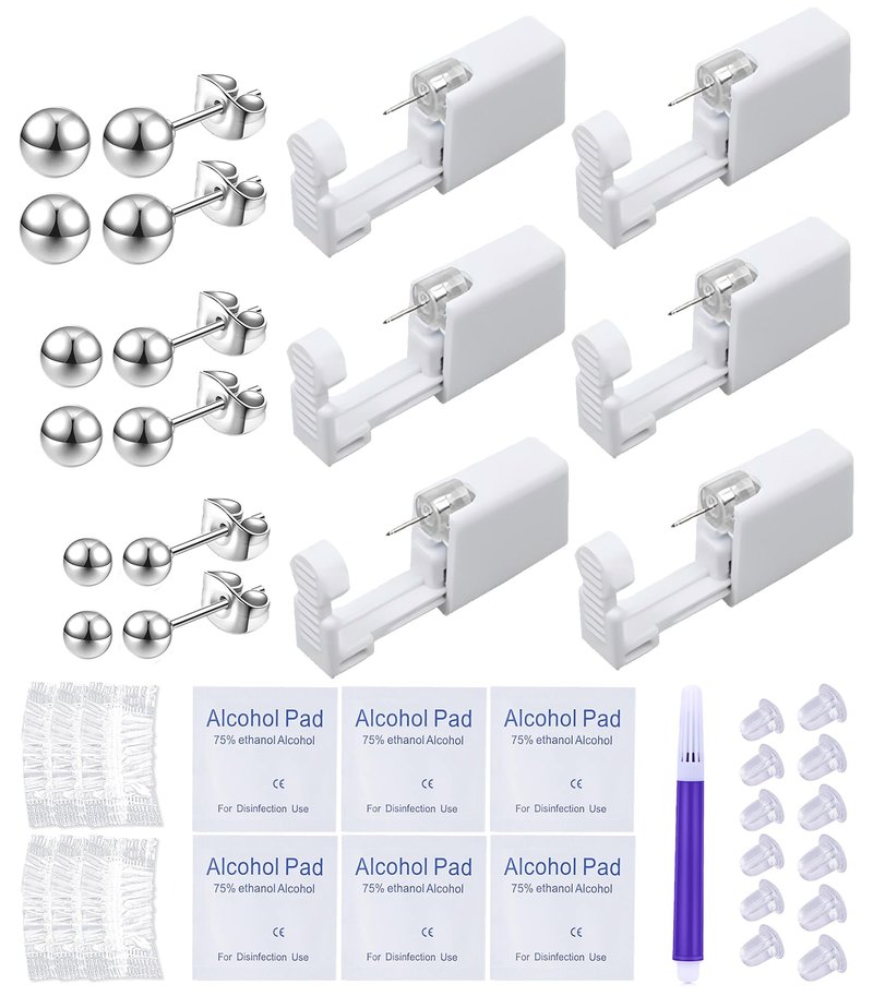 VitaCool Disposable Ear Piercing Gun Kit Ear Cartilage Piercing Kit Easy and Safe Earring Self for Yourself Use at Home(Silver Ball Pattern 234mm)