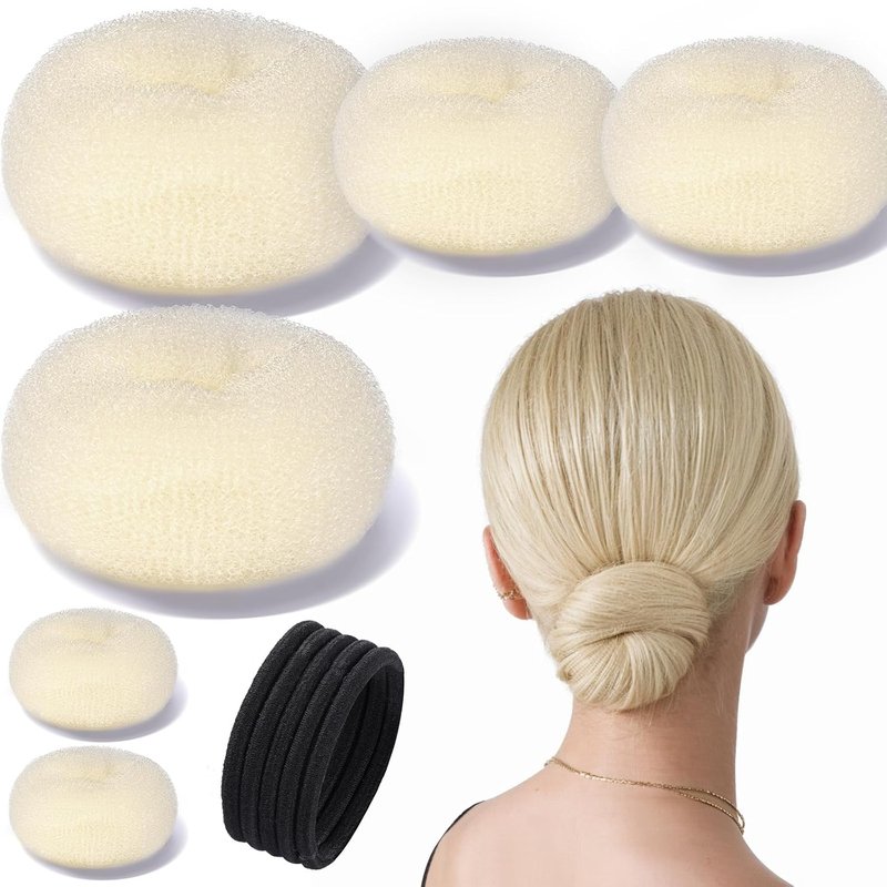 Donut Hair Bun Maker Set - Large, Medium & Small Hair Donuts with 5 Elastic Bands | Beige Hair Accessories for Girls