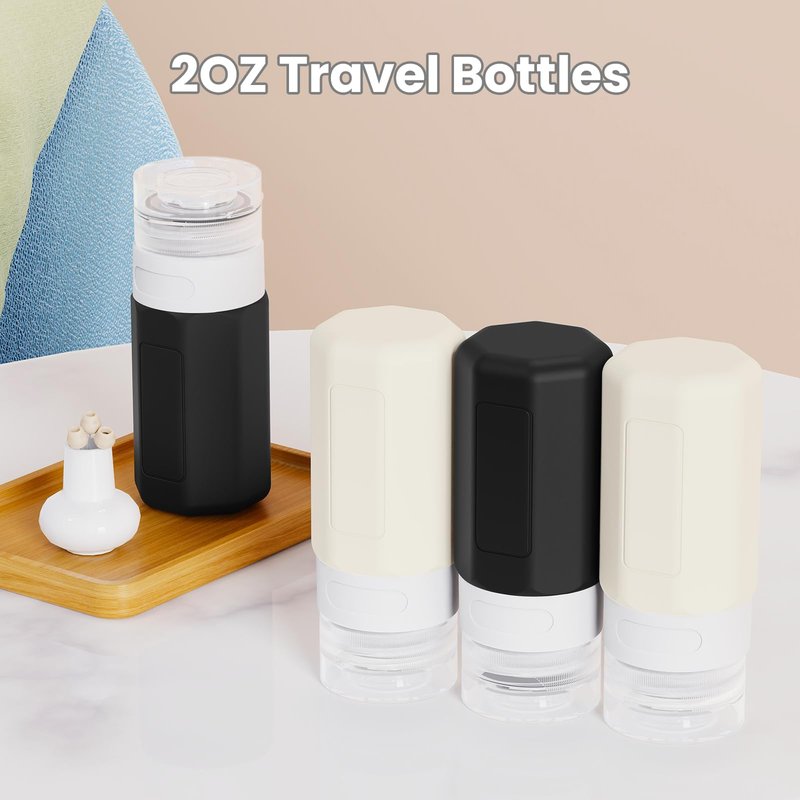 Ruinovate 2 oz Travel Bottles, Small Size Containers, TSA Approved Silicone Travel Toiletries Bottles, Shampoo and Conditioner Kit for Women (Black-white)