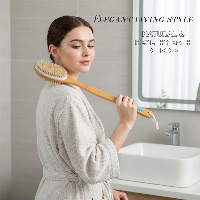 Back Scrubber for Shower, Bath Brush with Long Handle, Double-Sided Bamboo Body Brush for Wet or Dry Brushing, Exfoliating Bath Brush with Firm & Soft Bristles for Men & Women, 17.3 Inch