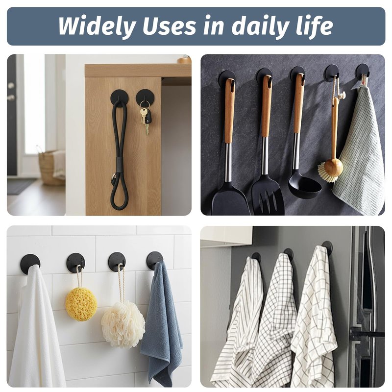 Rise age Adhesive Hooks Heavy Duty Waterproof in Shower Hooks for Hanging Loofah, Towels, Clothes, Robes for Bathroom Removable Adhesive Wall Hooks Door Hook Stainless Steel Black Stick on Hooks 4 Pcs