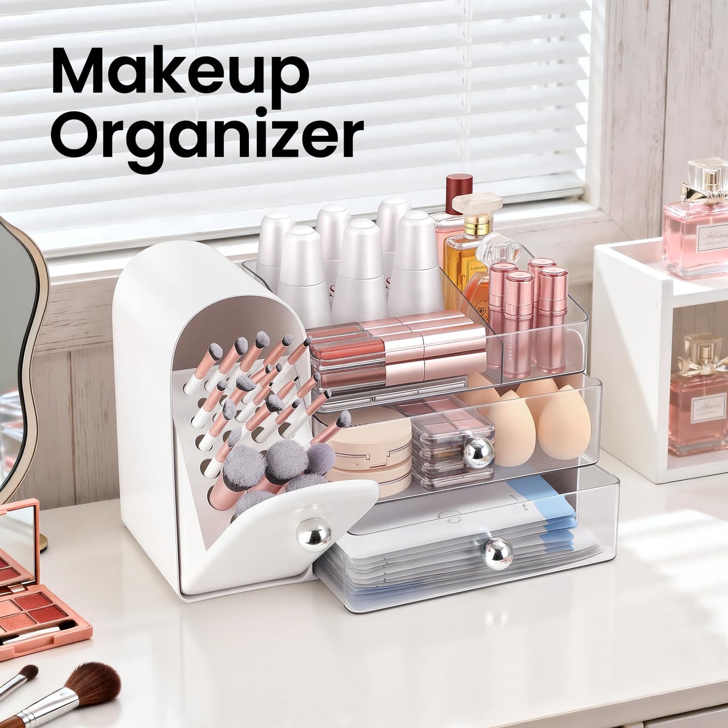 TRQWRO Makeup Organizer,Vanity Organizer with Makeup Brush Holder,Large Skincare Organizers with Drawers,Bathroom Countertop Organizer,Storage Lipstick,Perfume,Nail Polish,Beauty,Gifts for Woman