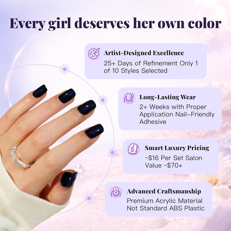 Press On Nails - Navy Blue | Short Squoval Design by Nail Artist, Glossy Finish, 30 Nails Kit