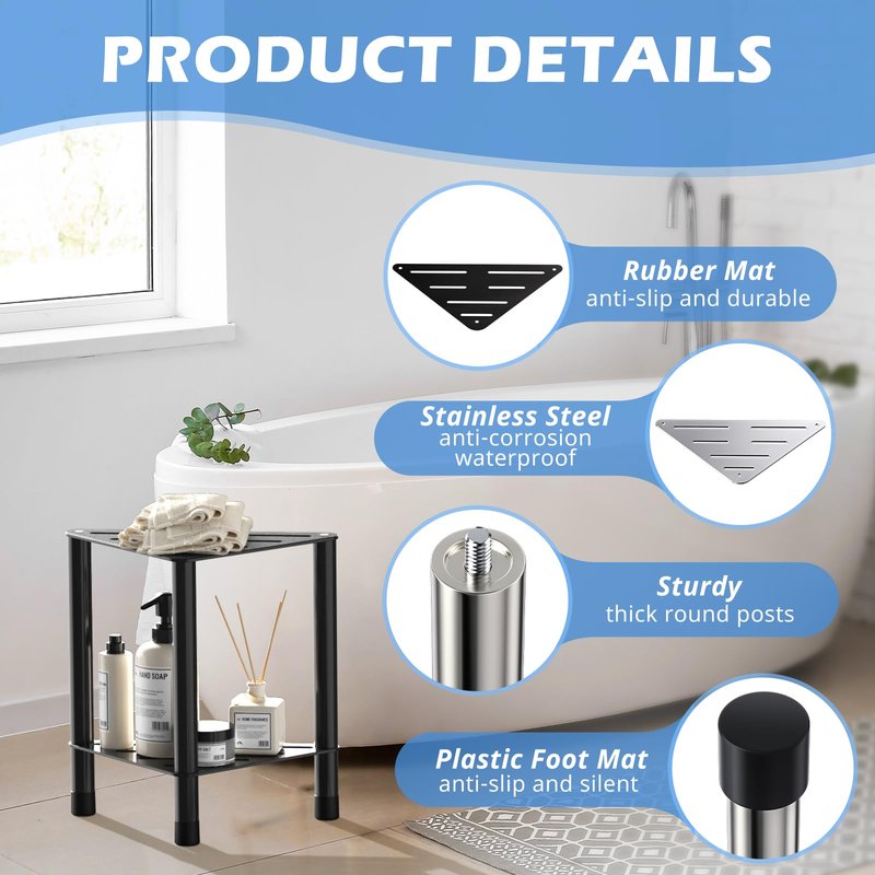 Corner Shower Stool for Inside Shower - 15.5in Shower Foot Rest with Storage Shelf, Stainless Steel Shower Stool for Shaving Legs, Bathroom Bench Suitable for Small Shower Spaces, Black