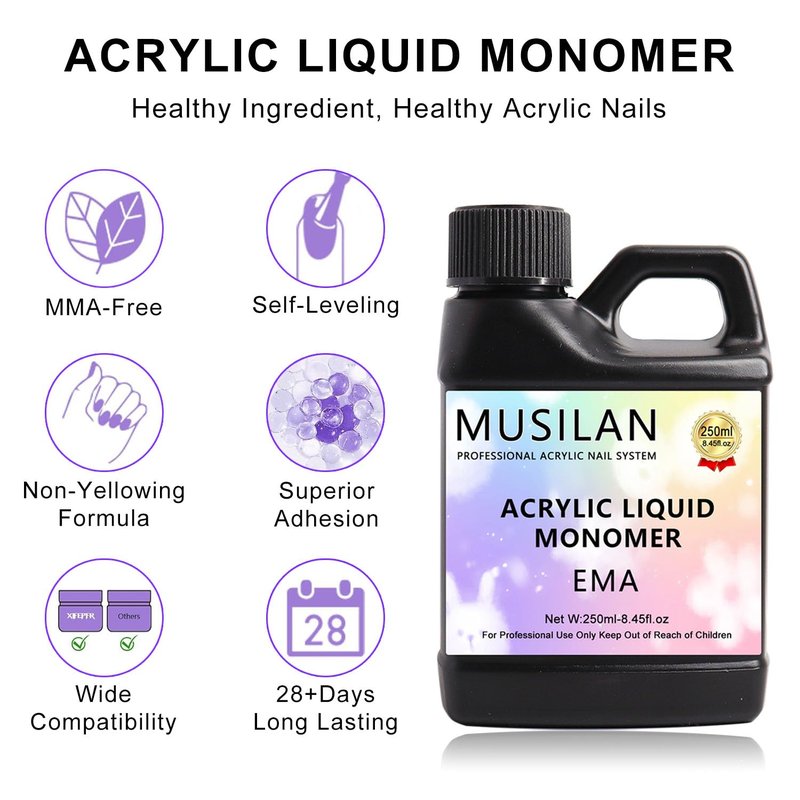 MUSILAN Monomer Acrylic Nail Liquid - 8.45oz Non-Yellowing MMA-Free Formula for DIY Nail Extensions | Professional Quality