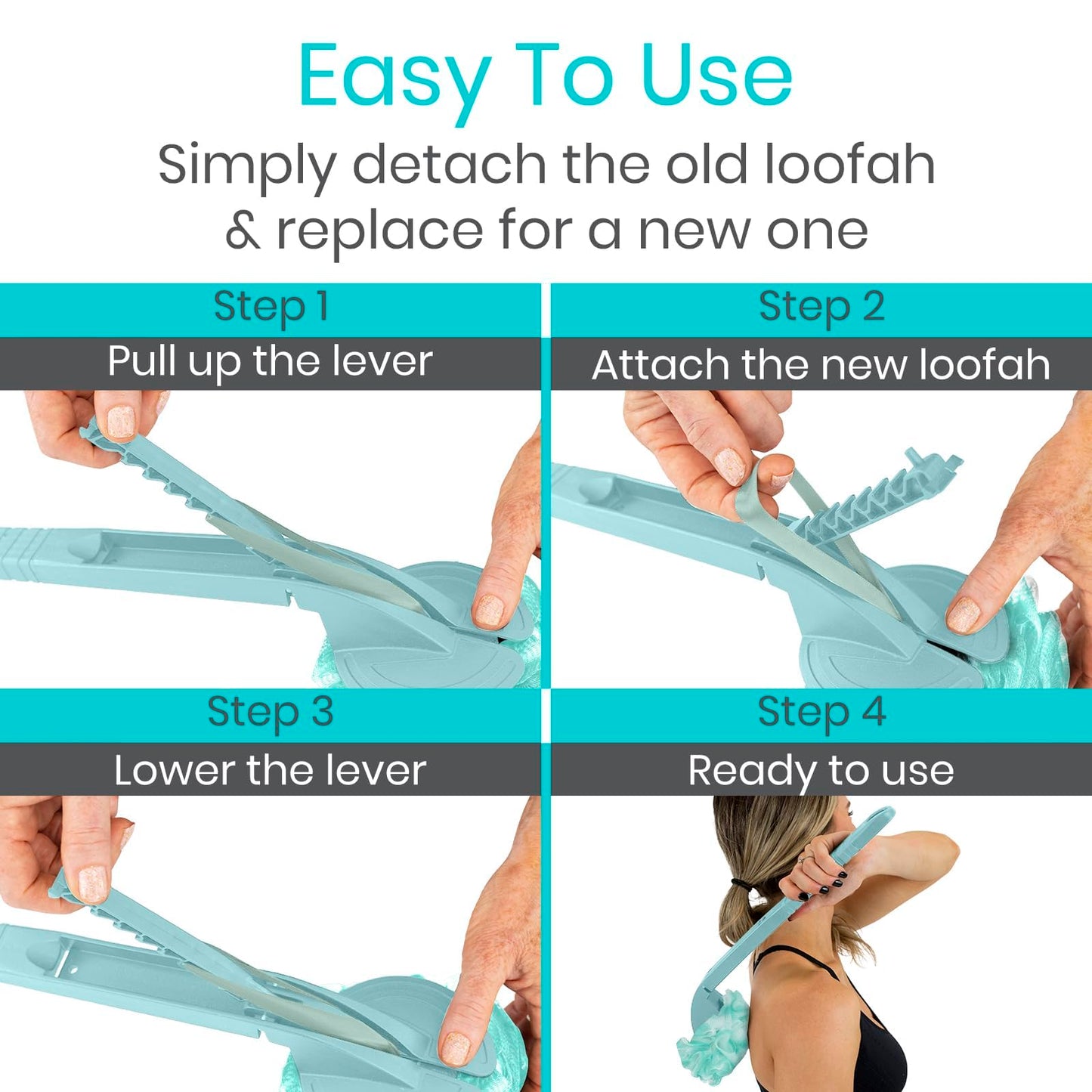 Vive Long Handled Loofah on a Stick - Mesh Back Sponge for Bath, Reusable w/Extra Pouf - Exfoliating Scrubber for Elderly & Disabled, Soft Loofa for Bathing Men & Women