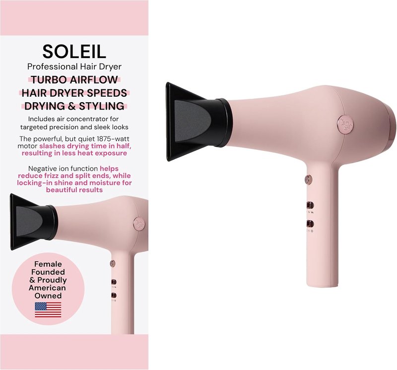 L’Ange Hair Soleil Professional Hair Dryer - Fast Drying Ionic Blow Dryer for Frizz-Free Results | 3 Heat Settings, Lightweight 1875W, Blush