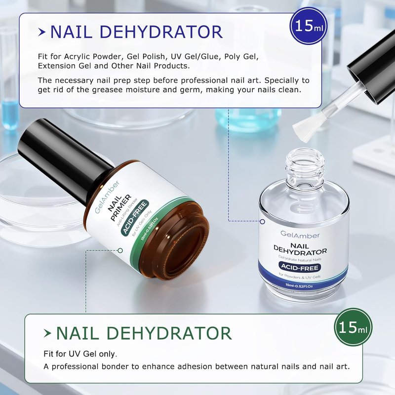 GELAMBER Nail Primer & Dehydrator Set - 4Pcs 15ml Gel Base & Top Coat | Acid-Free, Durable Finish for DIY Nail Salon