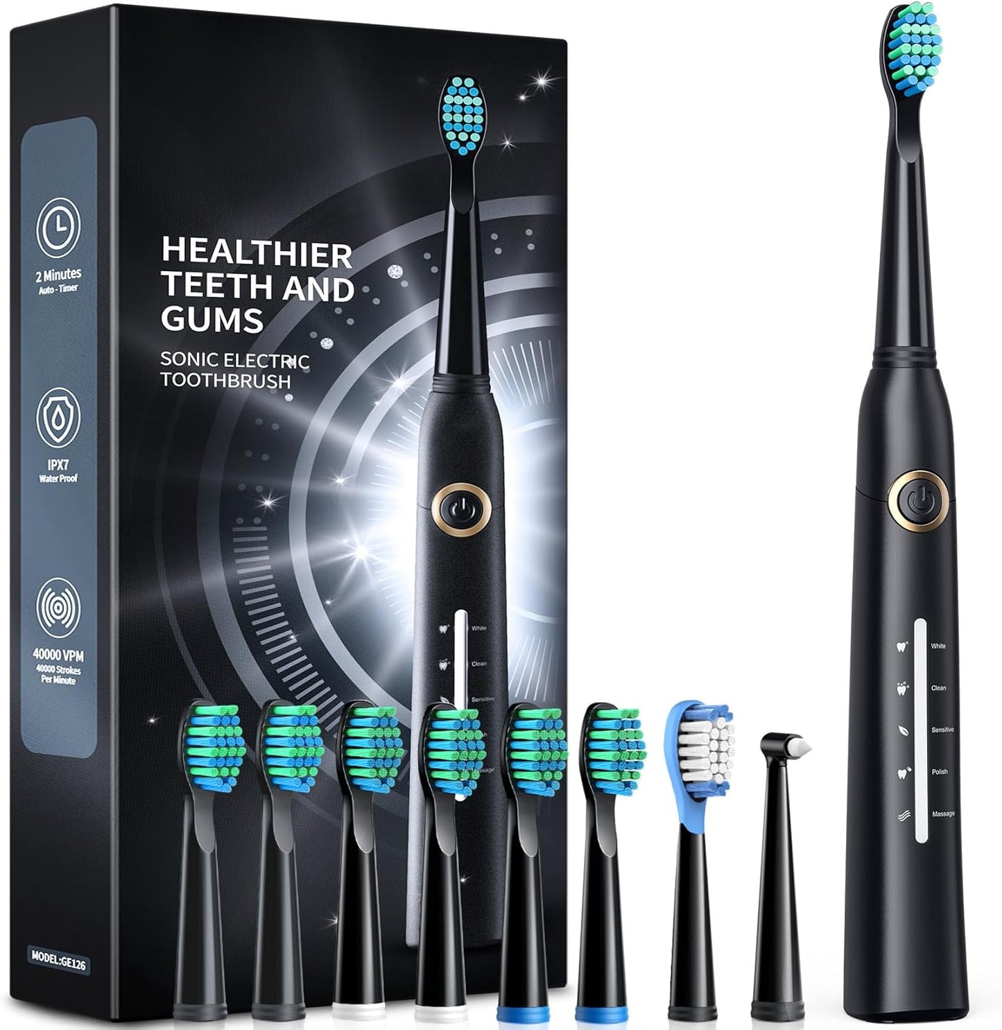 TEETHEORY Sonic Electric Toothbrush for Adults - 8 Brush Heads, 40000 VPM Deep Clean, 5 Modes, Rechargeable