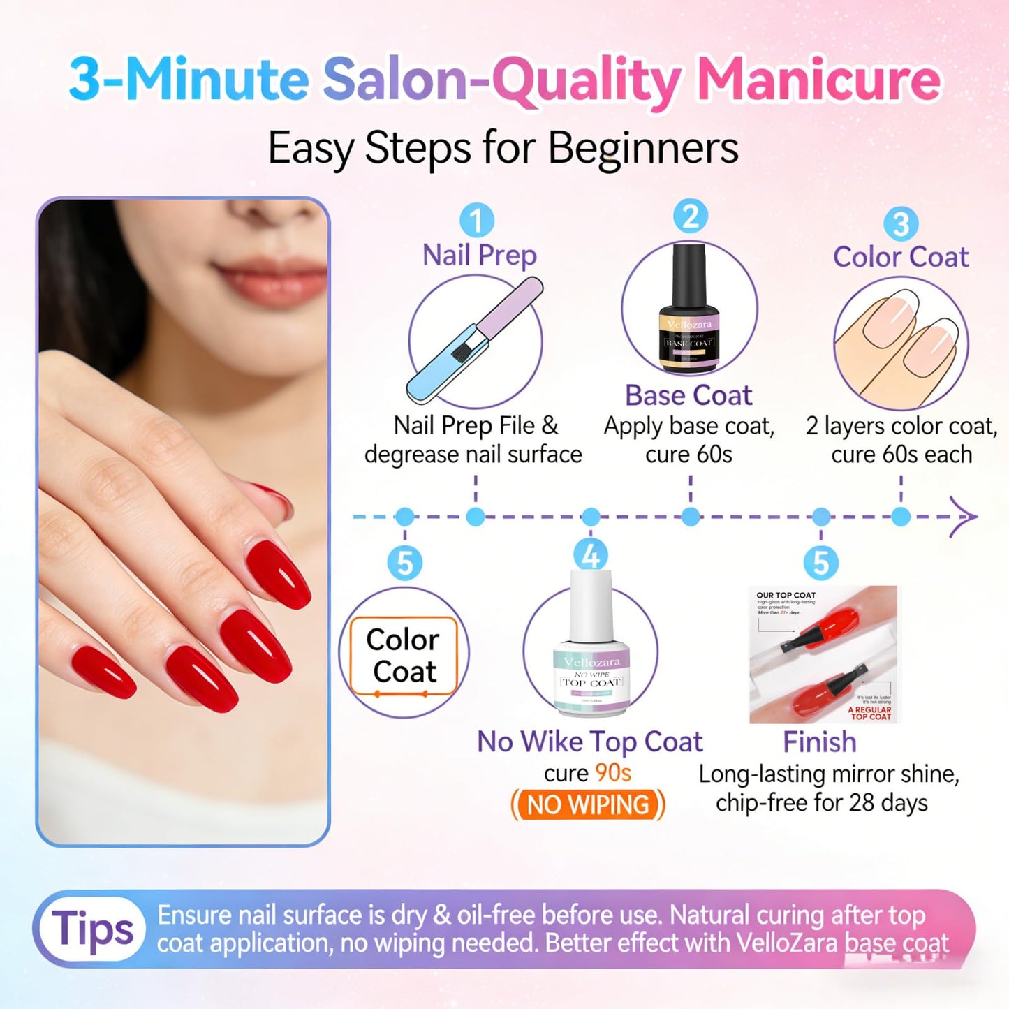 Vellozara Gel Top Coat Nail Polish, No Wipe Gel Top Coat, Clear Color Nail Polish Shine Finish and Long Lasting, Salon Quality Art Design for Home Use Beauty, Need U V/LED Lamp, for Girls Gift 15ml