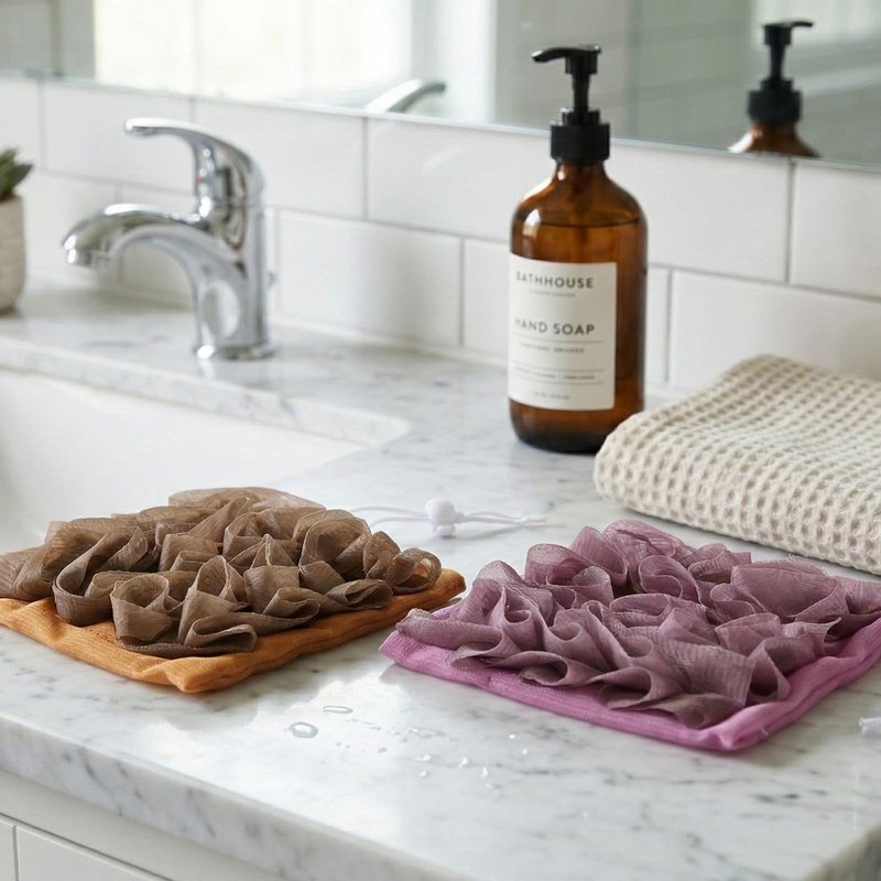 ElevateTech Soap Bar Loofah, 2 Pcs 2 in 1 Loofah Washcloth Combo Exfoliating Bath Sponges with Drawstring Bar Soap Saver Pouch Body Scrubber Mesh Shower Ball for Bathing Smoothing Skin (Purple, Brown)