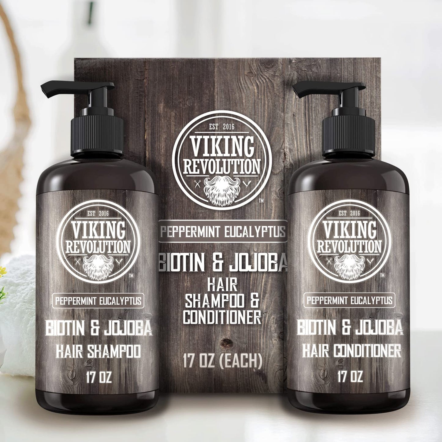 Viking Revolution Biotin Mens Shampoo and Conditioner Set - Eucalyptus Shampoo and Conditioner Set with Jojoba and Mint Oil - Peppermint Oil Hair Conditioner for Men (17 Oz)
