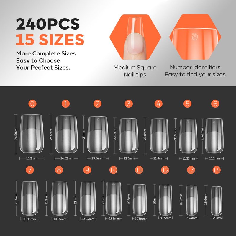 Modelones Pro Luxe Nail Apex Tips - Medium Square Extension Gel Tips | Thicker Strength, 15 Sizes
