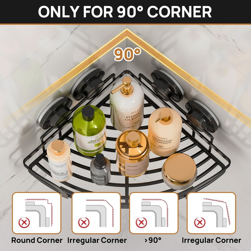 LEVERLOC 2 Pack Corner-adaptive Suction Cup Shower Caddies, Drill-Free Wall Mounted Basket, Stainless Steel Rustproof Corner Shower Shelf, Large Capacity Removable Suction Bathroom Organizer, Black