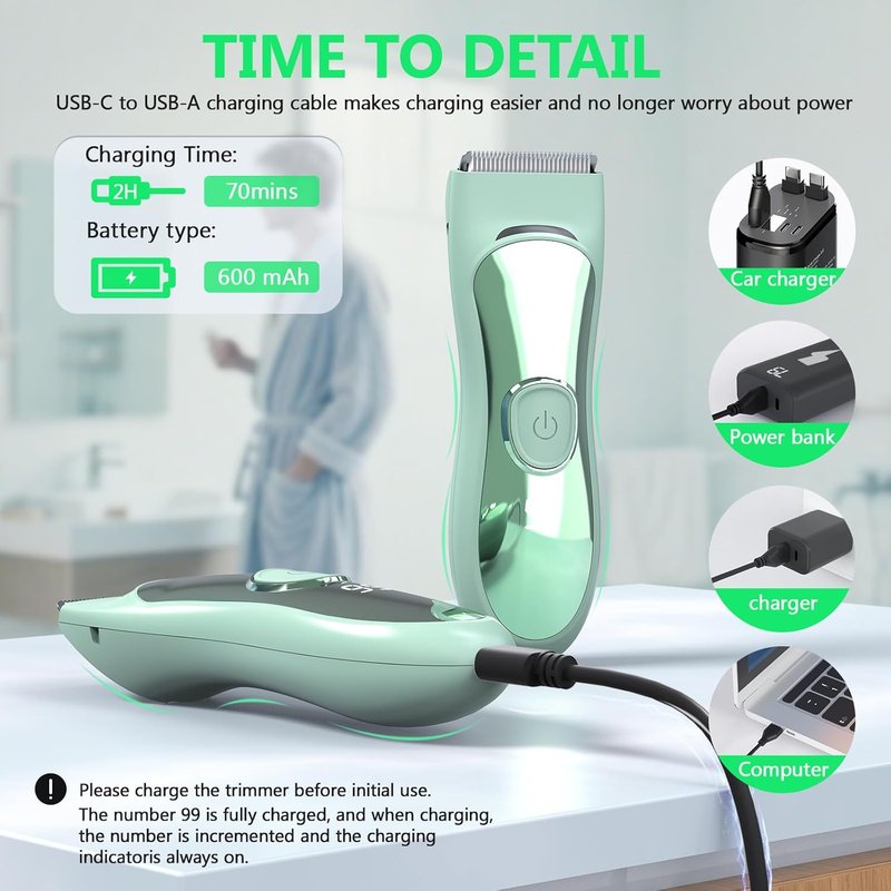 Body Hair Trimmer - Ceramic Blade, Wet & Dry Razor with 3 Guide Combs | LED Display, Travel Lock, Green