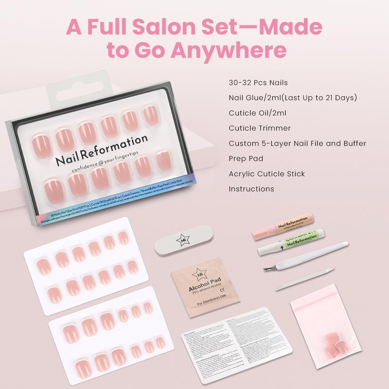 Nail Reformation Press On Nails, She’s a Natural | Short Square Fake Nails in White French Tip on Nude Base in a Glossy Finish, Reusable Stick On Nails in 15 Sizes - 30 False Nail Kit for Women Gifts