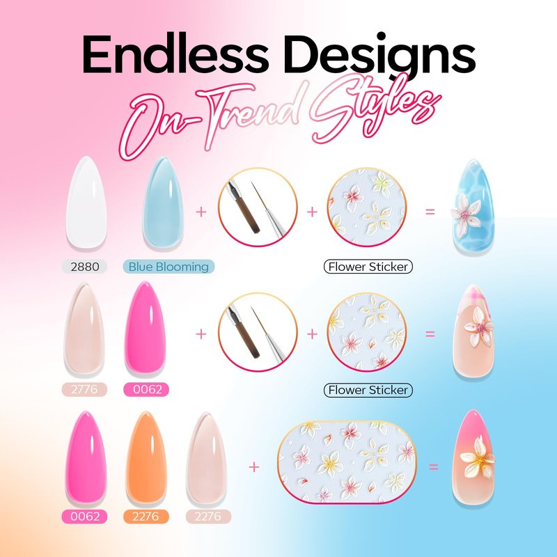 Modelones Gel Nail Polish Set, 6 Colors 2026 Summer Clear Blue Blooming Gel Polish Creamy White Pastel Yellow Pink Orange Nude Jelly Nail Polish W Flower Stickers & Liner Nail Brush LED DIY Gift