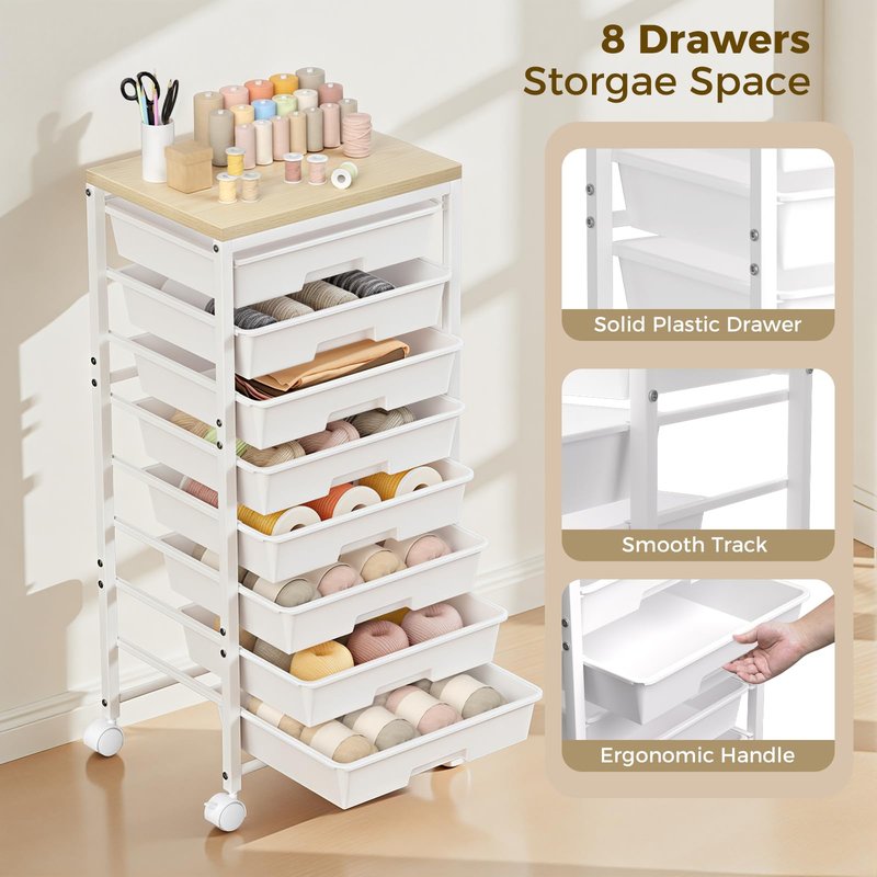 Rolling Cart with 8 Drawers, Plastic Drawer Storage Carts with Wheels & Wooden Tabletop, Metal Utility Cart Organizer for Bedroom Living Room Office Classroom Craft Organization and Storage, White