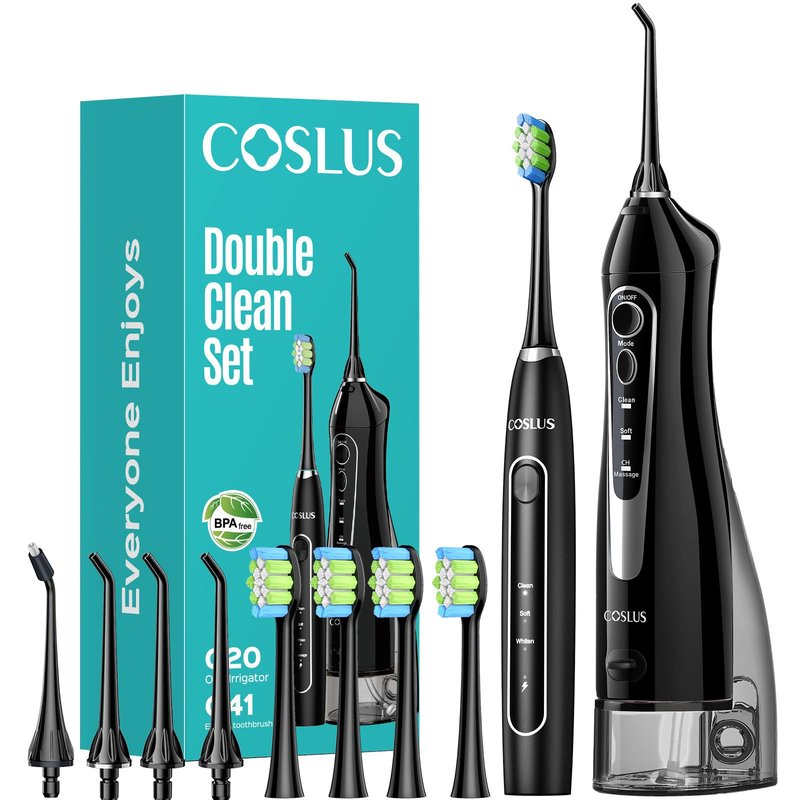 COSLUS C20 & C41 Portable Water Flosser with Electric Toothbrush Combo: 2-in-1 Oral Clean Kit for Teeth, Braces, Gums Care - Brushing & Flossing for Adults, Family, Travel Use, BPA-Free, Black