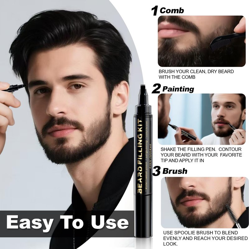 3 PCS Beard Pen Filler for Men - Black 4 Tip Pen for Natural Looking Appearance - 2 Fillers & 1 Double Head Brush - Waterproof Four Fork Eyebrow Pencil Eyeliner (Black)
