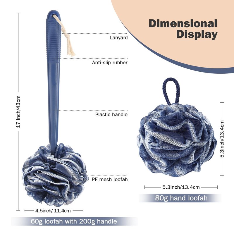 ROLIZOE Loofah With Handle Back Scrubber for Shower, Non-Slip 17" Plastic Handle, Hand Shower & Loofah on a Stick Sponge Set, Deep Blue With White Edge