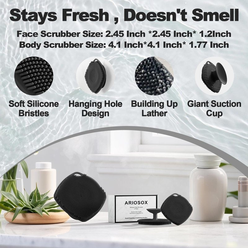 ARIOSOX 2 Pack Face Scrubbers, Silicone Body Scrubber Soft Bristles, Gentle Lather, Exfoliating & Deep Cleaning for Sensitive Skin, Giant Suction Cup Stick Securely (Body + Face Scrubber Black)