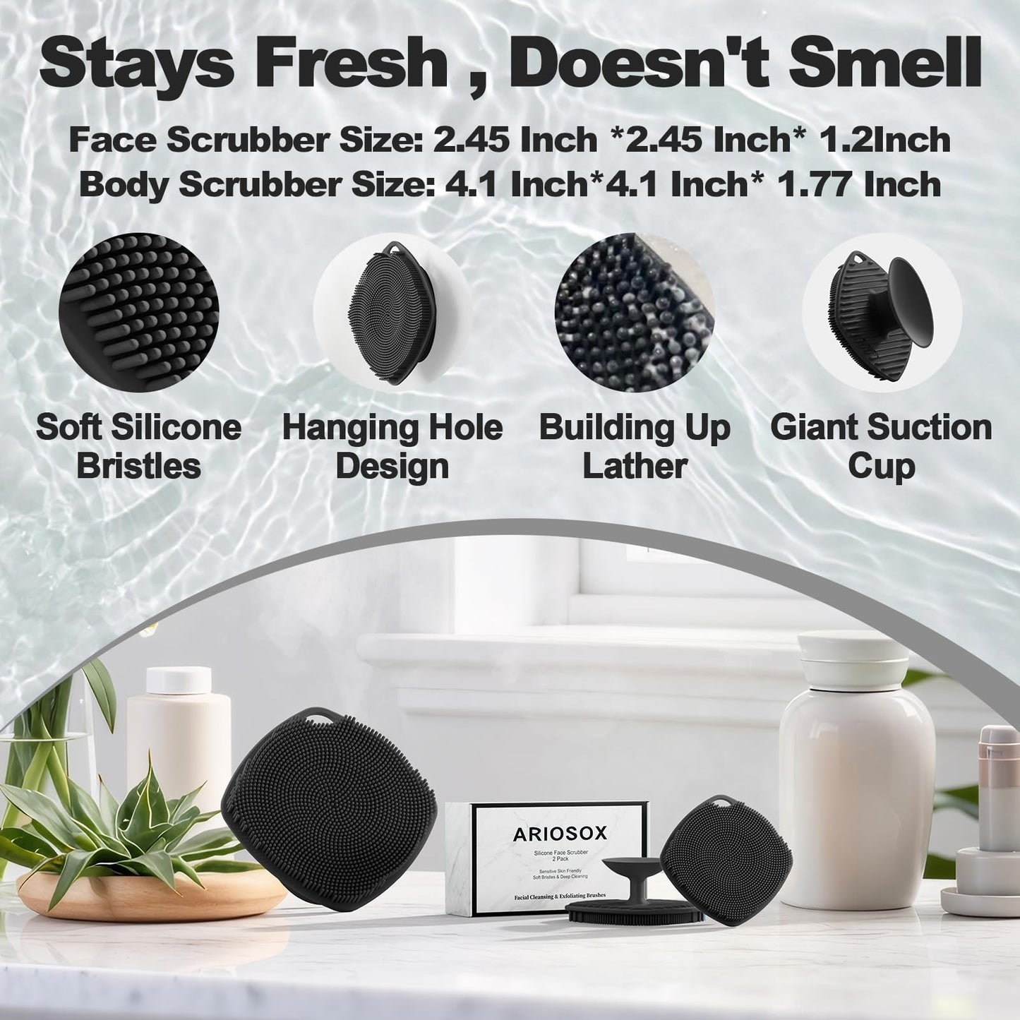 ARIOSOX 2 Pack Face Scrubbers, Silicone Face Scrubber Soft Bristles, Gentle Lather, Exfoliating & Deep Cleaning for Sensitive Skin, Giant Suction Cup Stick Securely, Easy to Store (Black)