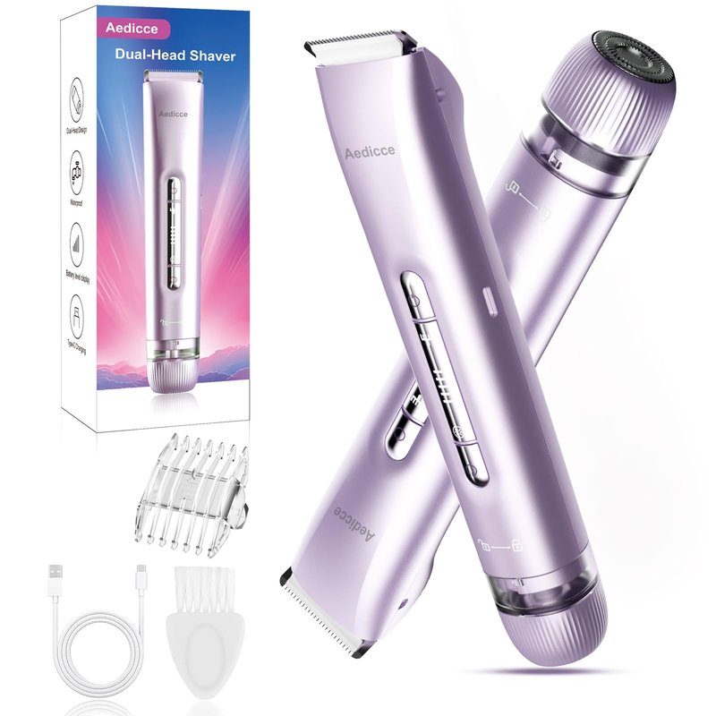 Bikini Trimmer for Women 2 in 1, Dual Head Womens Electric Shaver, Electric Razors for Pubic Hair, IPX7 Waterproof Rechargeable Facial Hair Removal for Shaving Underarm Leg Arm Body Face, Purple