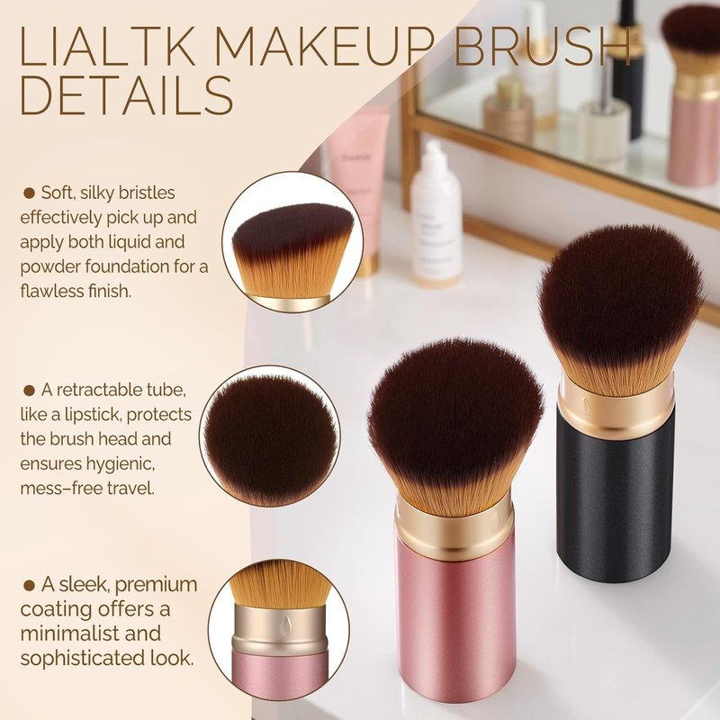 Retractable Kabuki Makeup Brush - All-in-One Travel Face Brush for Foundation, Powder & Blush | Portable & Easy to Use (Black)