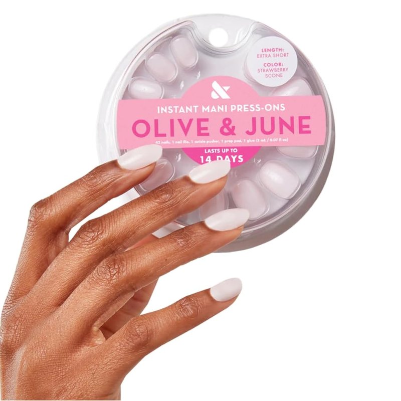 Olive & June Instant Mani Press-On Nails - 42 Non-Toxic, Long-Lasting Fake Nails | Spring Flowers & Patterns | Extra Short, Round | Strawberry Scone