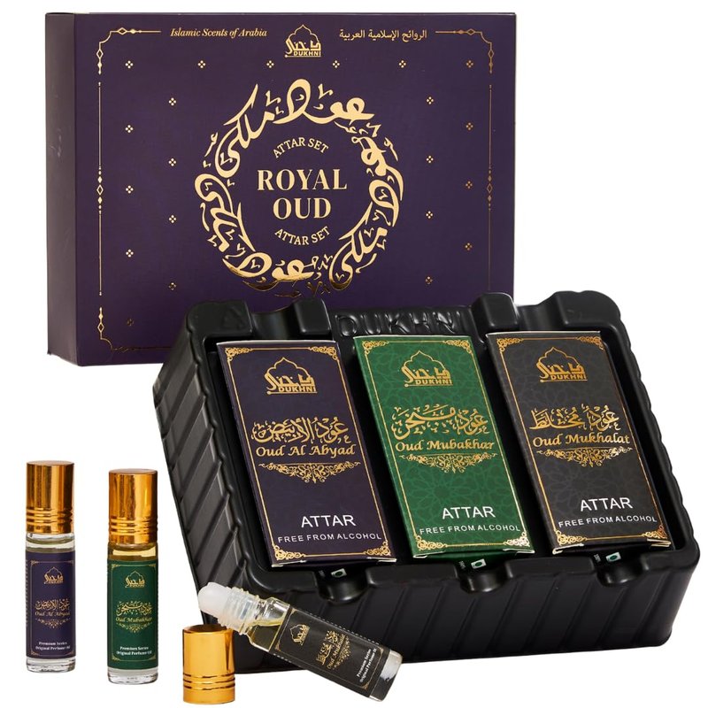 Dukhni Royal Oud Attar Oil Set - Pure Original Oudh Oil | 3 Mini Roll-On Perfumes (6ml Each) - Perfect Eid & Ramadan Gifts