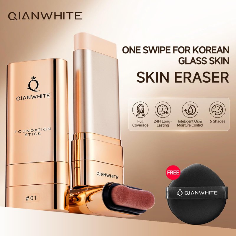 QIANWHITE Foundation Stick Korean Makeup - Foundation for Mature Skin Tint, Buildable Light to Full Coverage Foundation Make Up Concealer, Dual-Ended with Brush - Natural Dewy Finish (IVORY)