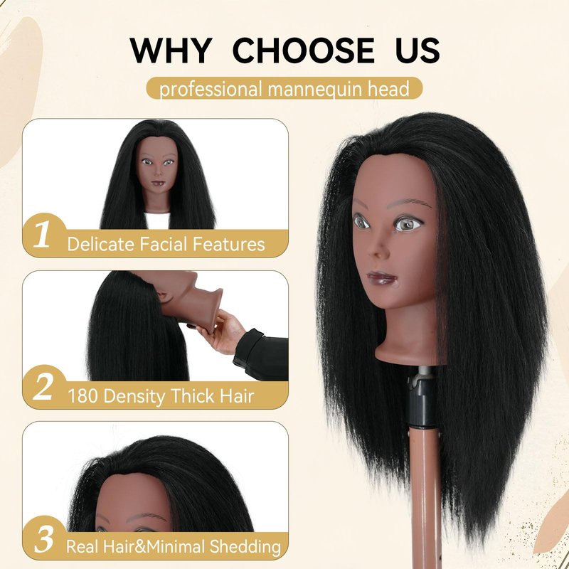Mannequin Head with Human Hair 16'' Cosmetology Manikin Doll Head with 100% Real Human Hair Trainning Head for Hairdresser Practice Braiding Hair Styling with Clamp Stand