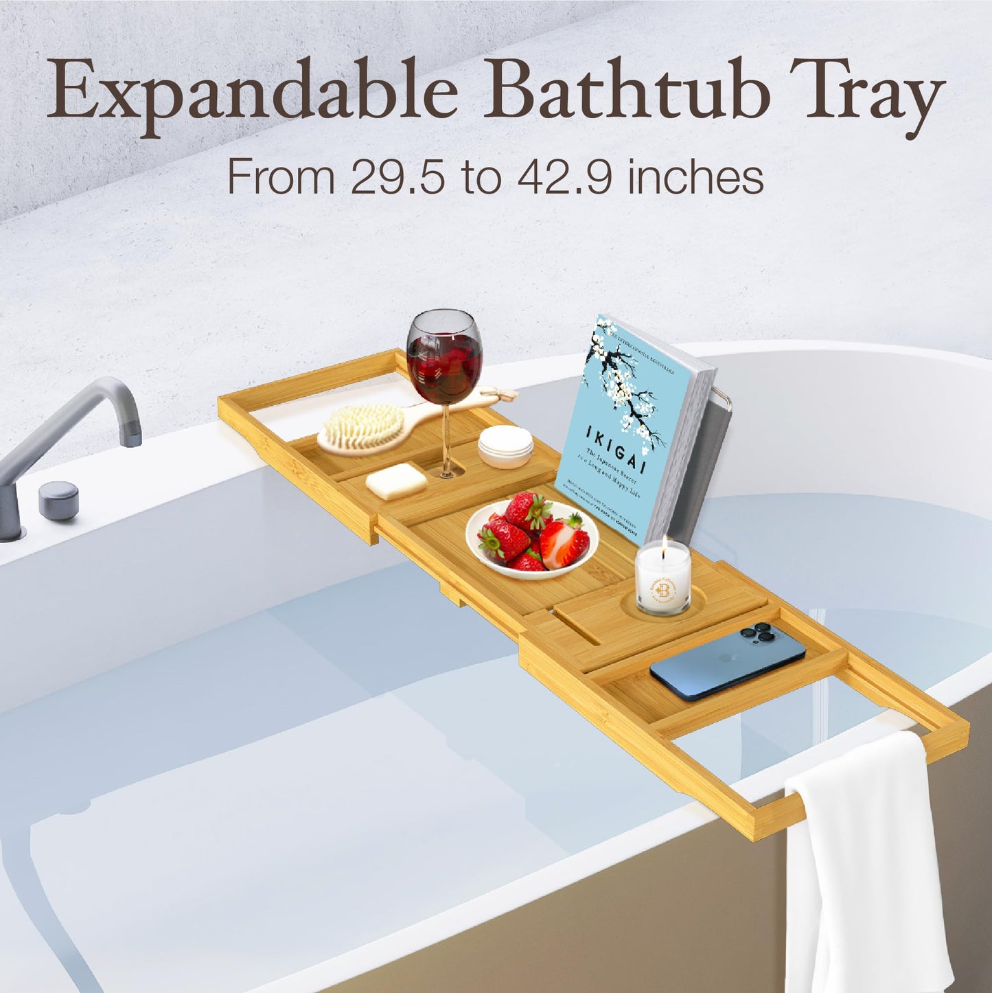 Bathtub Tray for Tub - Natural Bamboo Bath Tray, Expandable Wooden Bath Caddy Tray with Wine Holder, Book and Tablet Stand, Bathroom Accessories, Tub Table, Bridal Shower Gifts for Women