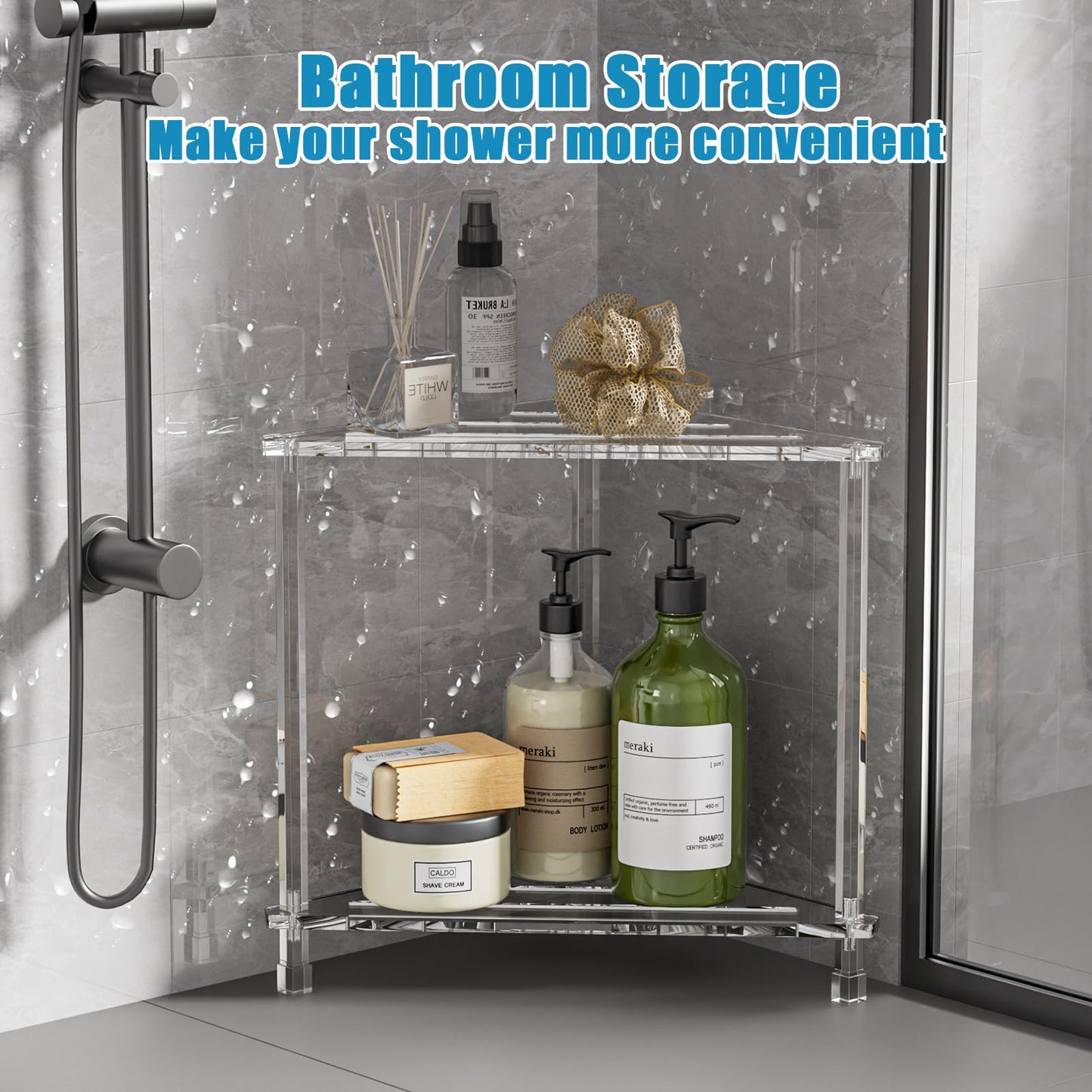 YUNEASELF Corner Shower Stool 16in: Waterproof Small Foot Rest with Anti-Slip Feet for Shaving Legs - Acrylic Corner Shower Bench with Storage Shelf for Inside Spaces