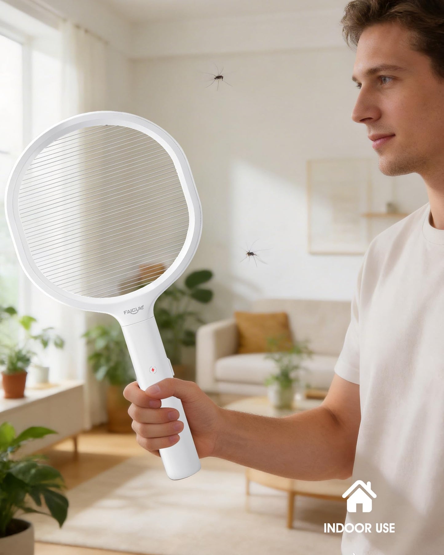 Faicuk Single Layer Grid Electric Fly Swatter High Efficiency Bug Zapper Racket for Wasps, Large Bees, Hornets, Yellow Jackets, Moths, Big Flying Insects, for Indoor Outdoor Use (White)