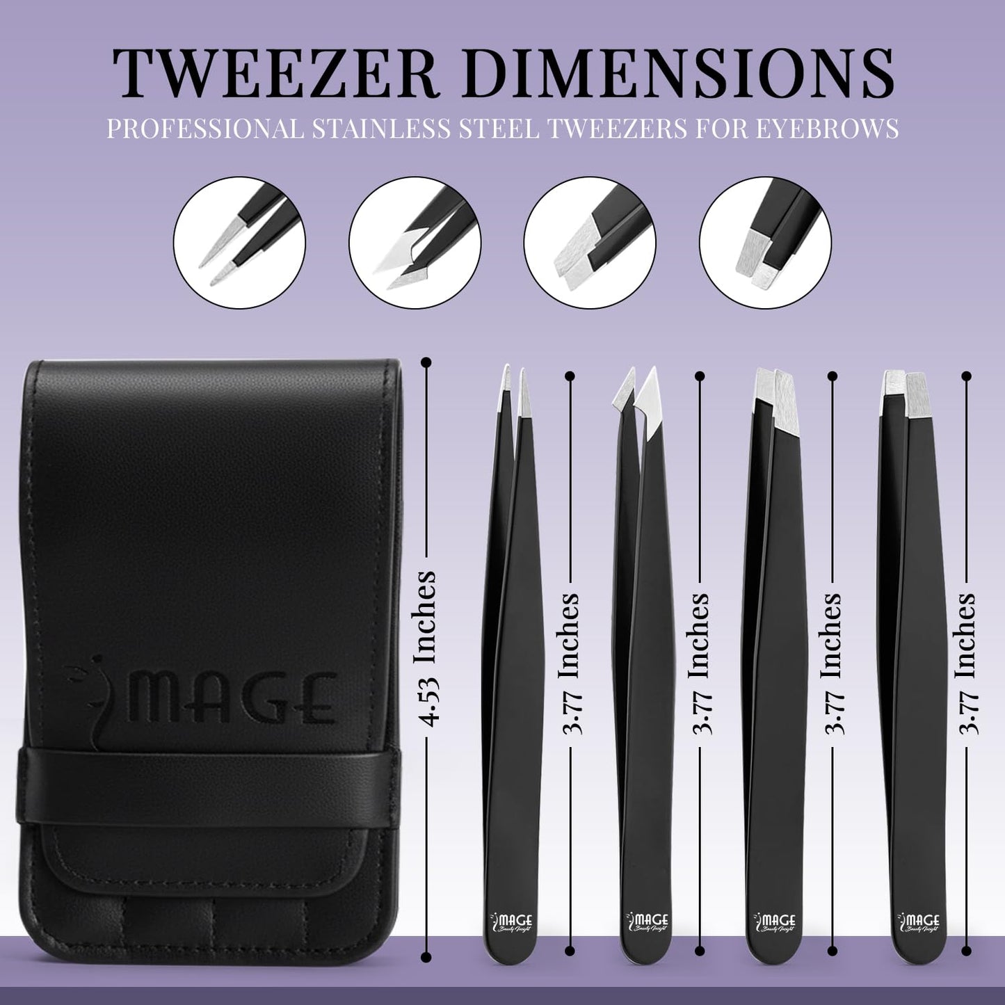 Tweezers for women facial 4 Piece Stainless Steel Precision Tweezers Kit with Leather Case for women & men Multi purpose as eyebrows facial hair ingrown hair removal