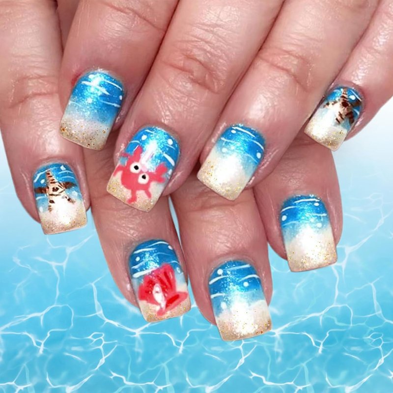 Skiennix Beach Press-On Nails - Short Square Blue Wave Glitter Design | 24 Pcs Reusable Summer Nails