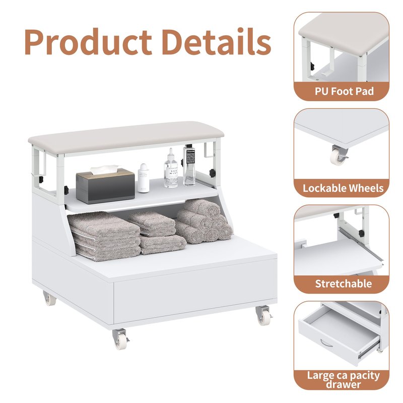 Pedicure Foot Rest with Wheels, Portable Pedicure Stool Adjustable 2-Level Height, Mobile Pedicure Cart Trolley for Foot Bath, Spa Cart, Manicure Furniture for Beauty Salon or Spa, Massage Station