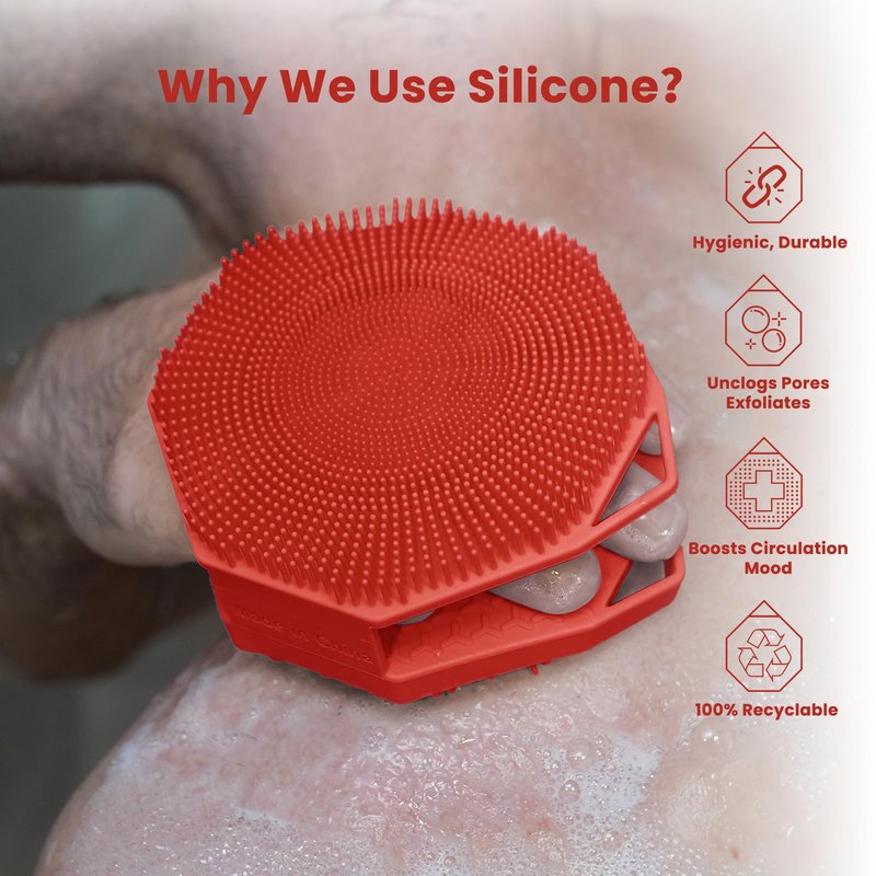 iTokGoK® Silver-Infused 2-in-1 Silicone Body Scrubber, Double-Sided Design Body Brush Silicone Body Scrubber Exfoliating Body Brushes for All Skin for Showering, Lathers Well- Red