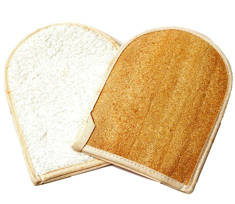 Premium Natural Exfoliating Loofah Glove Pad Body Scrubber by Spa Destinations. Mitt Sponge Biodegradable Bath and Shower Luffa Sponge, Women and Men (2 Pack) Beige