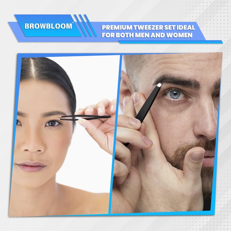 BROWBLOOM 4Piece Set of Professional Tweezers for Women Facial Hair, Black Stainless Steel Precision Tweezer for Ingrown Hair, Eyebrow Tweezers for Men Comes in Carrying Pouch (Black Set)