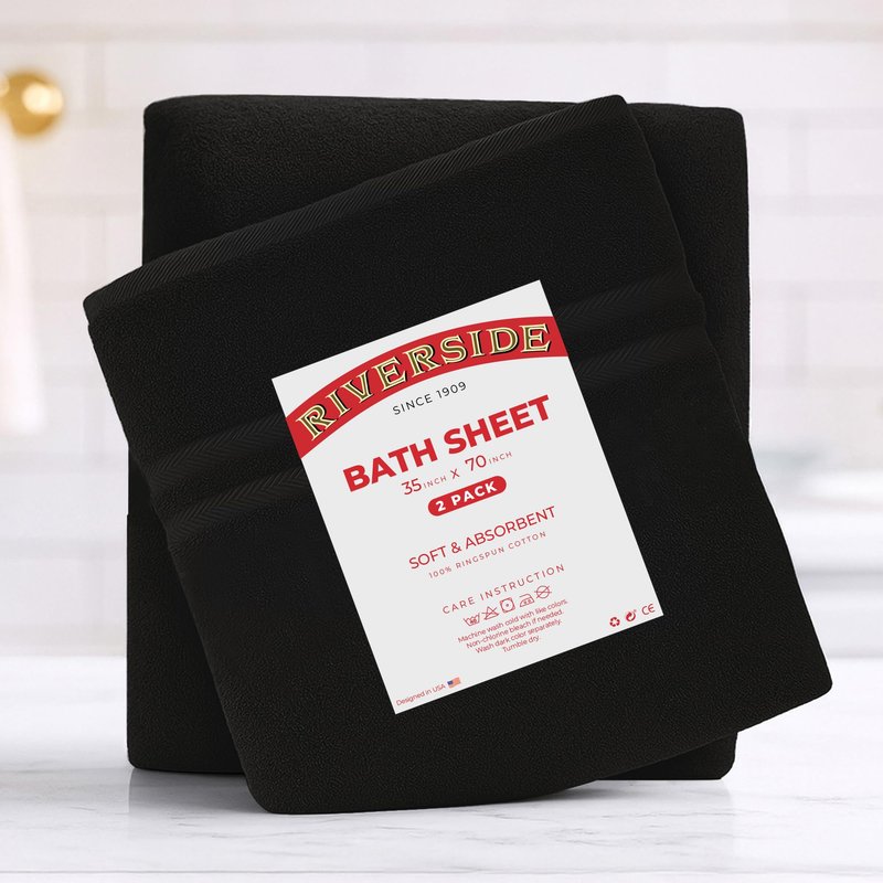 RIVERSIDE Pack of 2 Extra Large Bath Sheets 35 x 70 Inches, 100% Ring Spun Cotton, Hotel Quality, Oversized Bath Towels for Adults, Soft, Highly Absorbent & Quicker to Dry, Black
