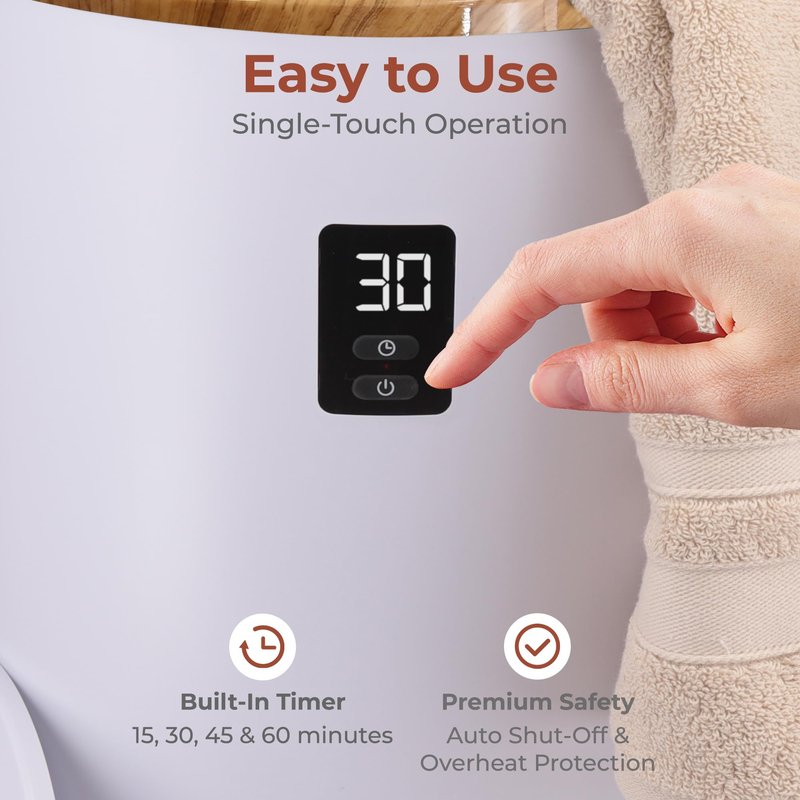 SereneLife Towel and Blanket Warmer - Single Touch Portable Towel Heater for Bathroom, Fragrant Disc Holder, LED Ring, 2 Large Towel Capacity, Built-in Timer (15-60 mins), Auto Shut-Off (White)