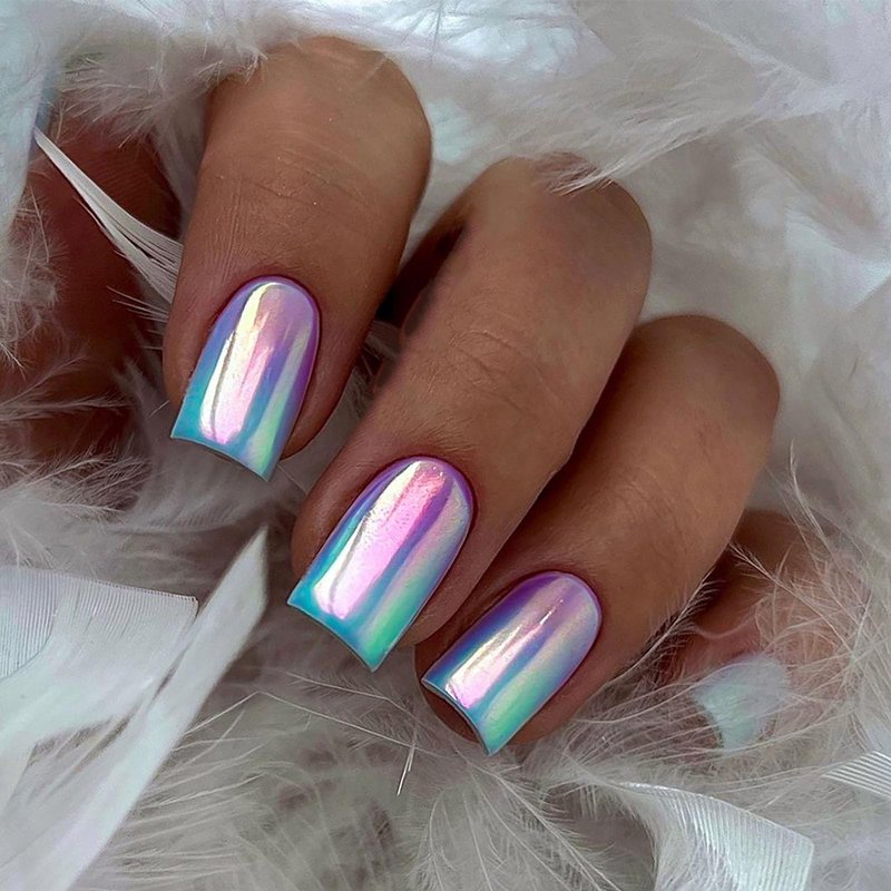 Chrome Press on Nails Medium Square SWEKKE Fake Nails Full Cover Blue White Pink Gradient Flash False Nails with Designs Glossy Glue on Nails Acrylic Nails Artificial Nails for Women Girls 24Pcs